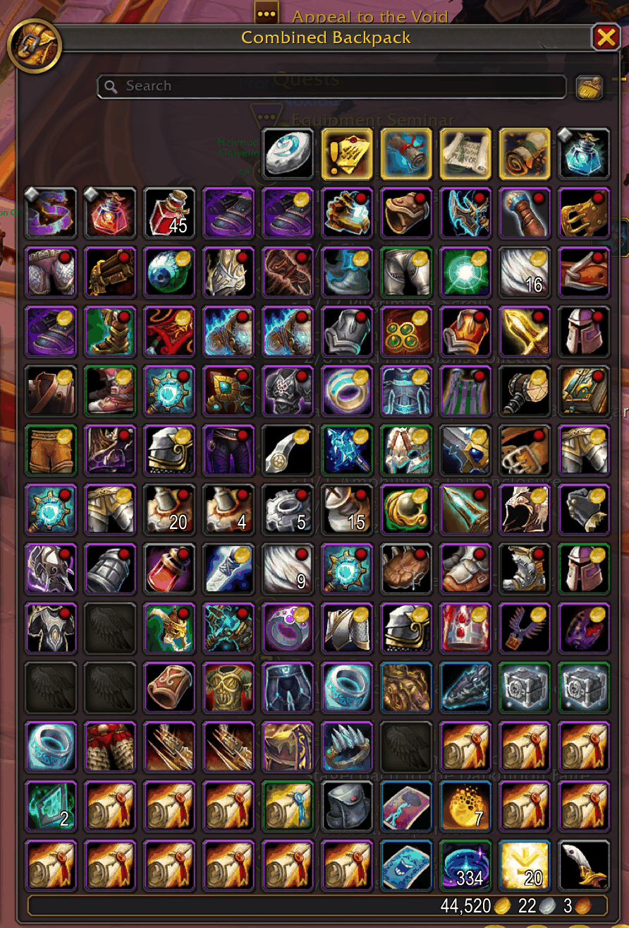 Blizzard bags with red dots on items that get deleted and gold coins on items that are only sold