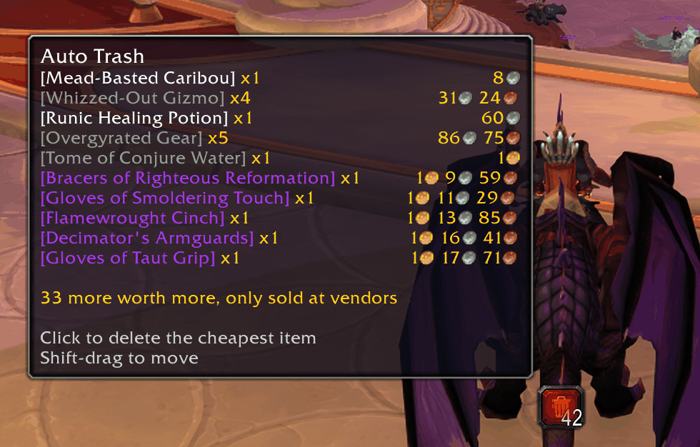 Auto Trash delete button with a tooltip listing the cheapest trash items and their vendor values