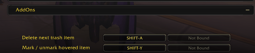 WoW keybinding options with the two Auto Trash keybinds: Delete next trash item and Mark / unmark hovered item