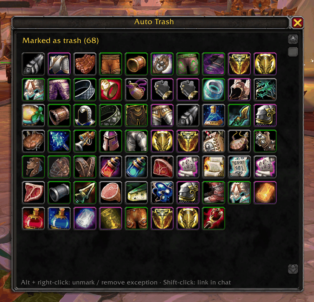 Auto Trash list window showing all items marked as trash as icons with rarity borders