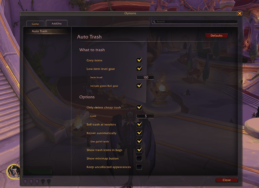 Auto Trash settings page with rules for grey items and item level, gold limit, selling, repairing, bag icons, minimap button, and transmog options