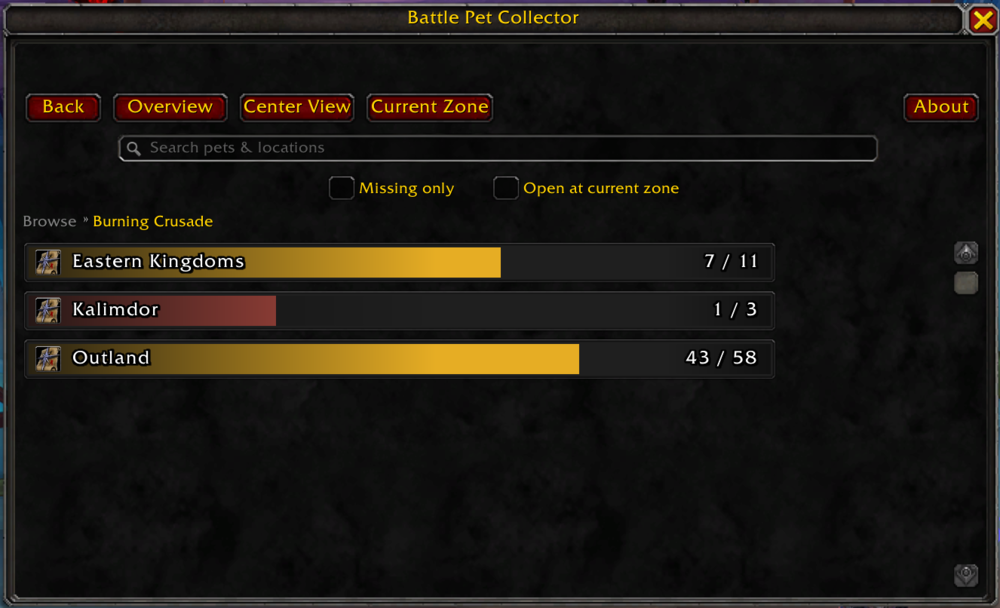 Battle Pet Collector region browser for Burning Crusade