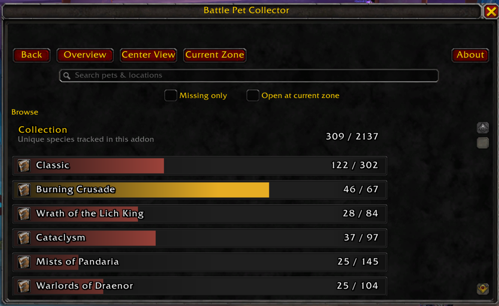 Battle Pet Collector collection overview by expansion