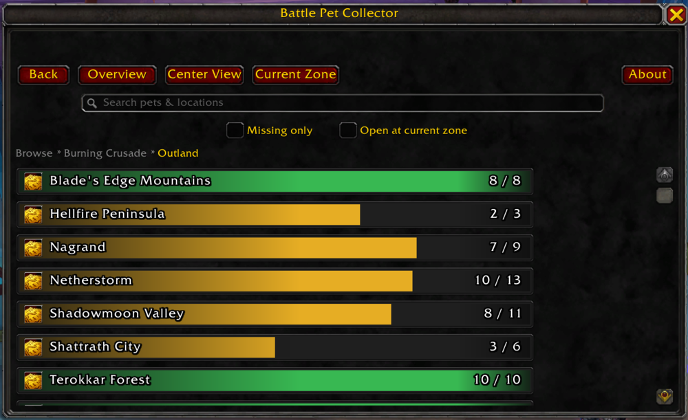 Battle Pet Collector zone list for Outland with progress bars