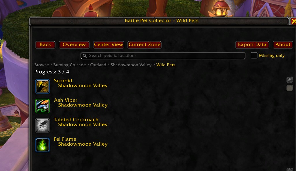 Battle Pet Collector pet list for Shadowmoon Valley wild pets