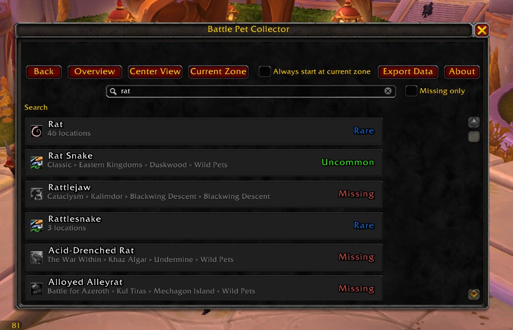 Battle Pet Collector search results for rat pets across expansions