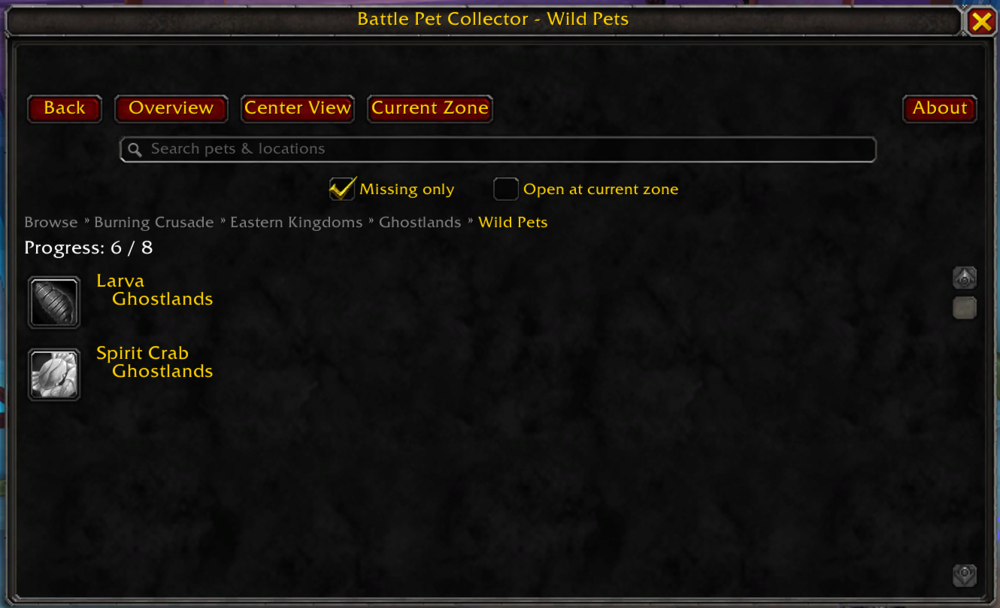 Battle Pet Collector wild pets filtered to missing only in Ghostlands