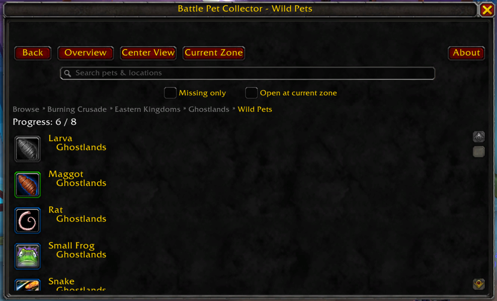 Battle Pet Collector wild pet list for Ghostlands