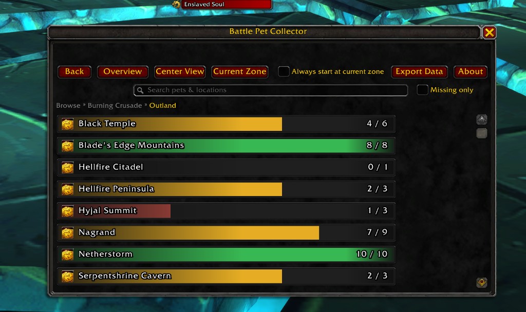 Battle Pet Collector zone browser showing Outland progress bars