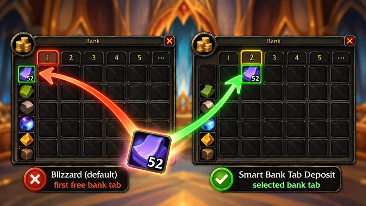 Illustration of two bank windows: by default a right-clicked stack goes into the first free tab, with Smart Bank Tab Deposit it goes into the selected tab