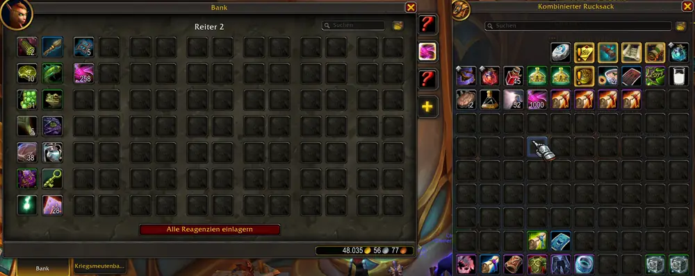 Bank with the second tab selected next to the bags: right-clicked items move from the bags into the second tab, and a stack of cloth fills up to 1000